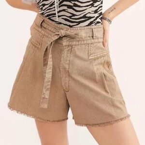 Free People FP One Penny Tie Front Pleated Twill Shorts Taupe Tan Women’s 8